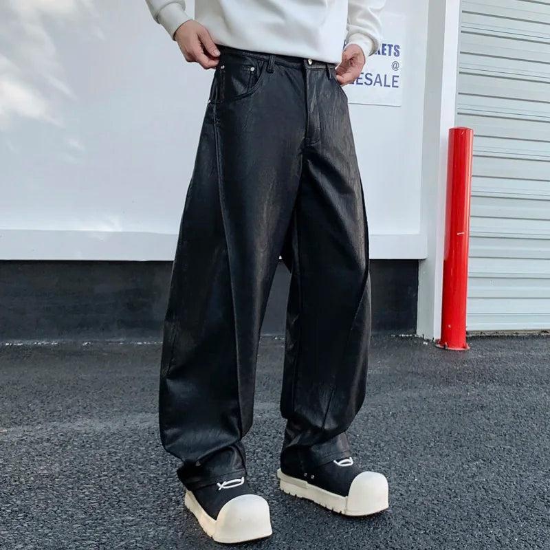 men streetwear fashion hip hop loose casual straight leather motorcycle pant man y2k trousers pants stage clothing minimalist street pants