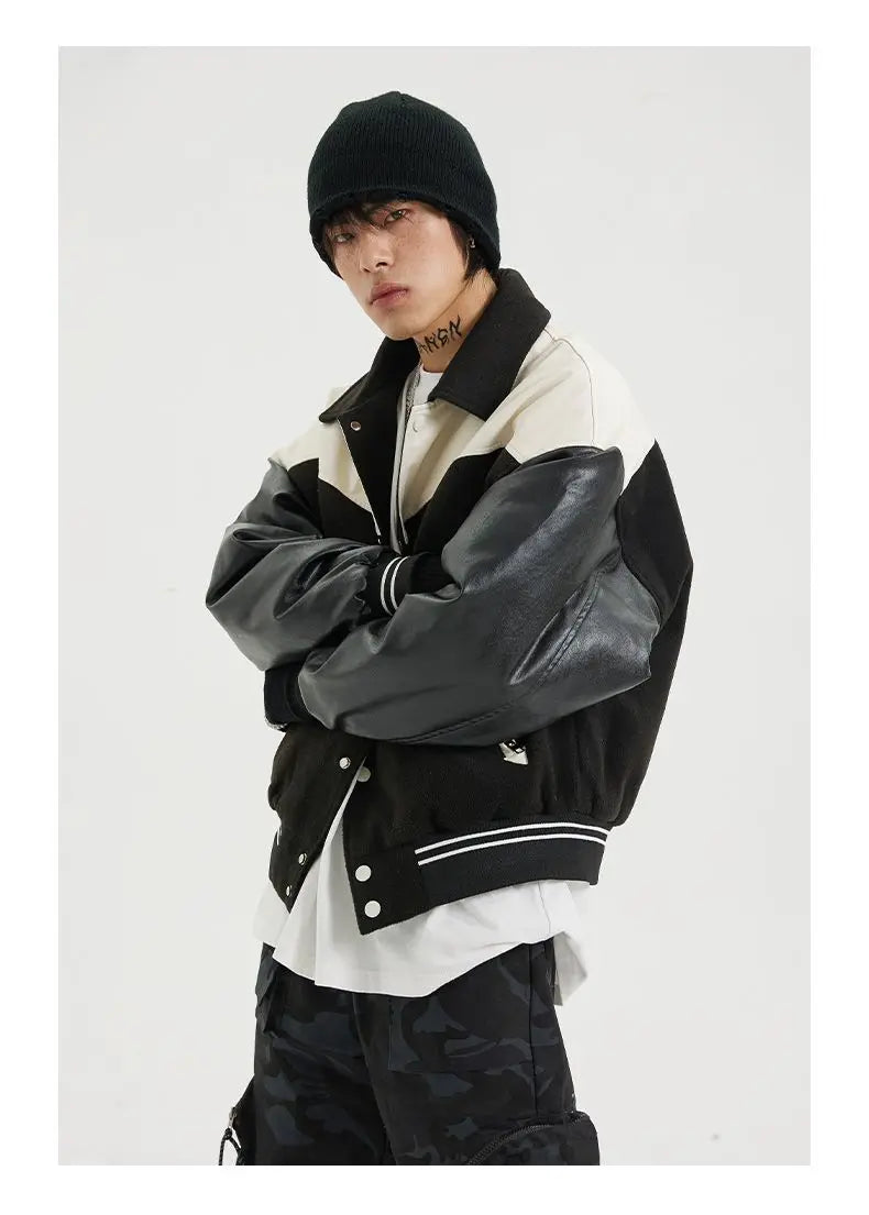 Korean Retro Street PU Leather Patchwork Baseball Jacket Men Autumn Trendy