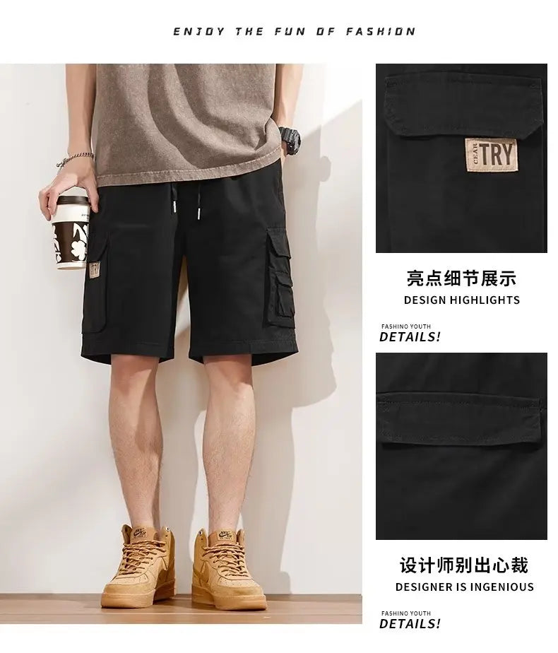Men's Straight Tooling Shorts for Men Korean Fashion Belt Decoration Khaki Casual