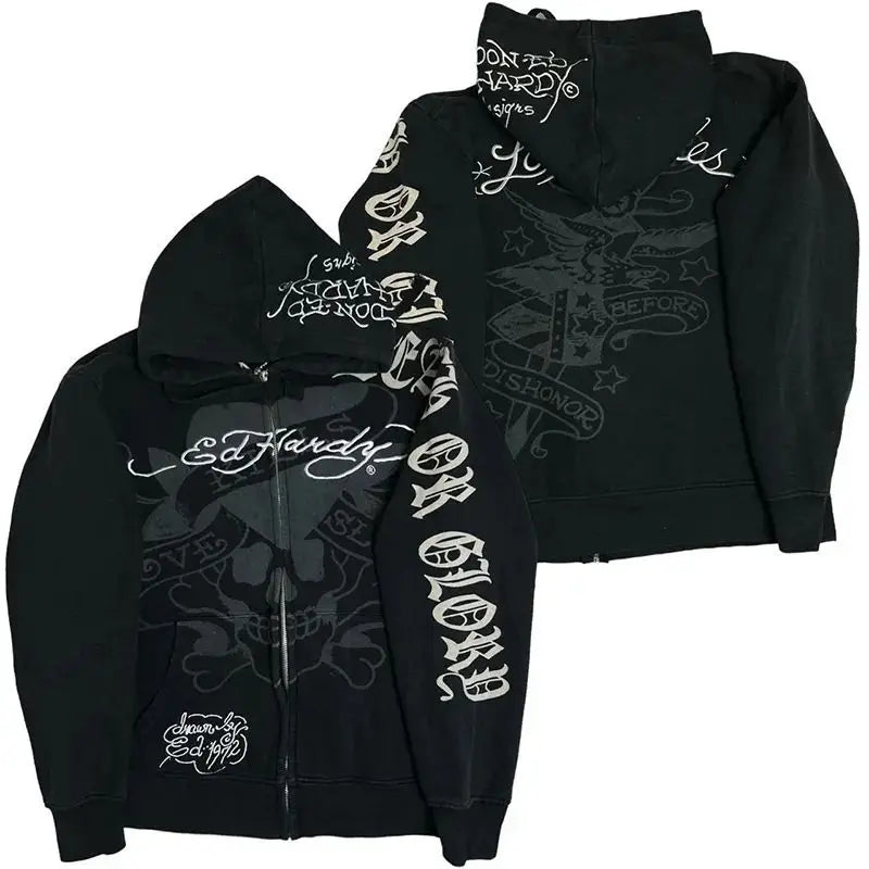 2024 European American Personalized Cartoon Printed Hooded Cardigan Trend Ins Zipper Loose Sweatshirt