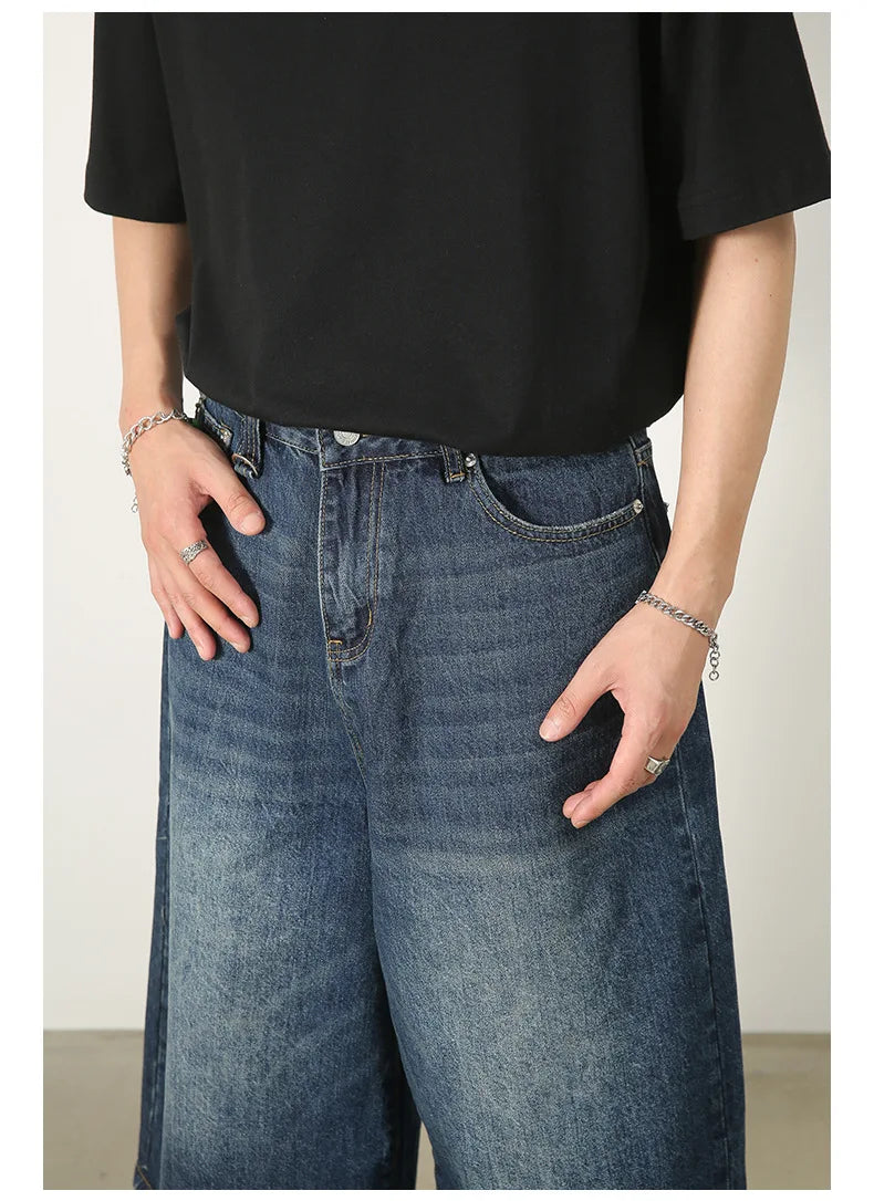 men summer streetwear fashion loose casual wide leg denim calf length jeans pants male vintage jeans baggy hosen pants unique jeans style 1496