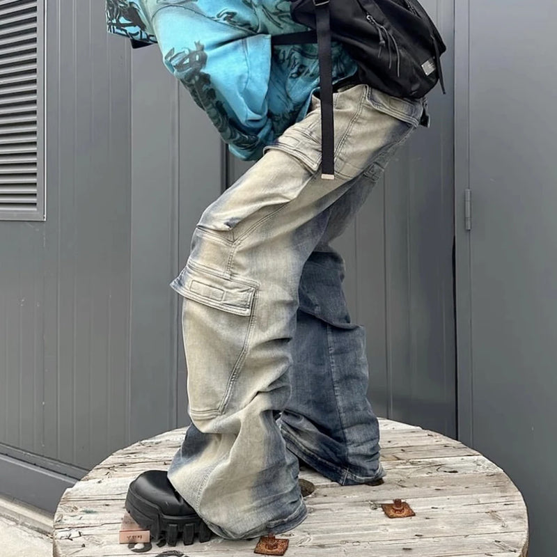 RO Style Gradient Ribbons Multi-pockets Drawstring Jeans for Men Harajuku Streetwear Baggy Y2K Denim Trousers Oversized Cargos