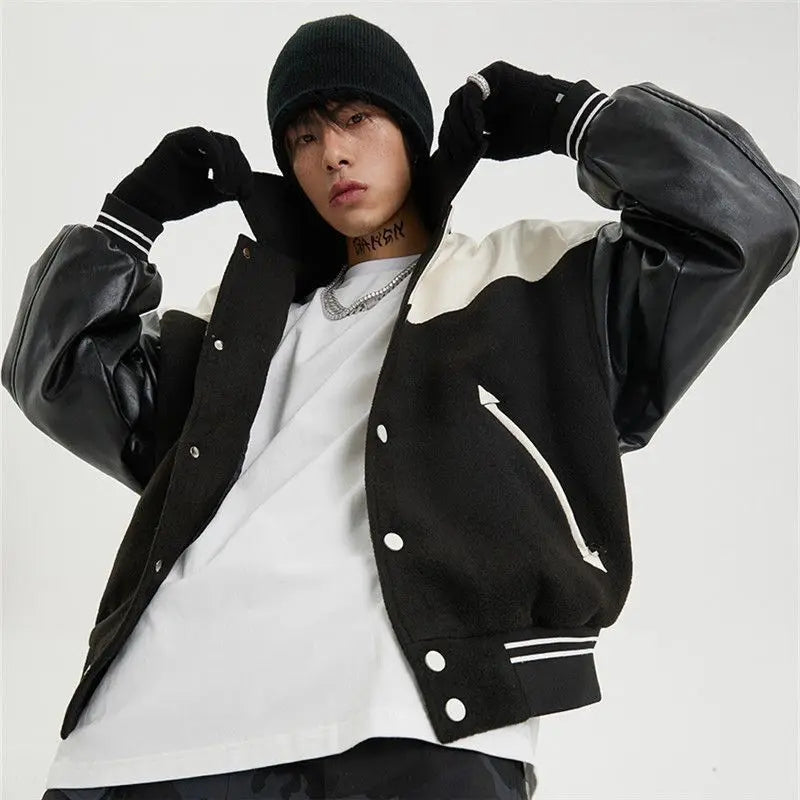 Korean Retro Street PU Leather Patchwork Baseball Jacket Men Autumn Trendy