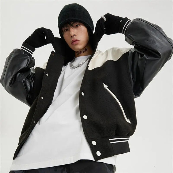 Korean Retro Street PU Leather Patchwork Baseball Jacket Men Autumn Trendy