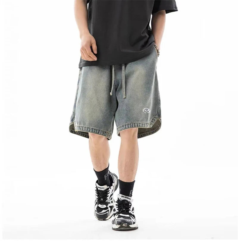 summer distressed denim shorts basic casual streetwear short jeans embroidery baggy hip hop fashion y2k blue bermuda shorts unique jeans style 3450