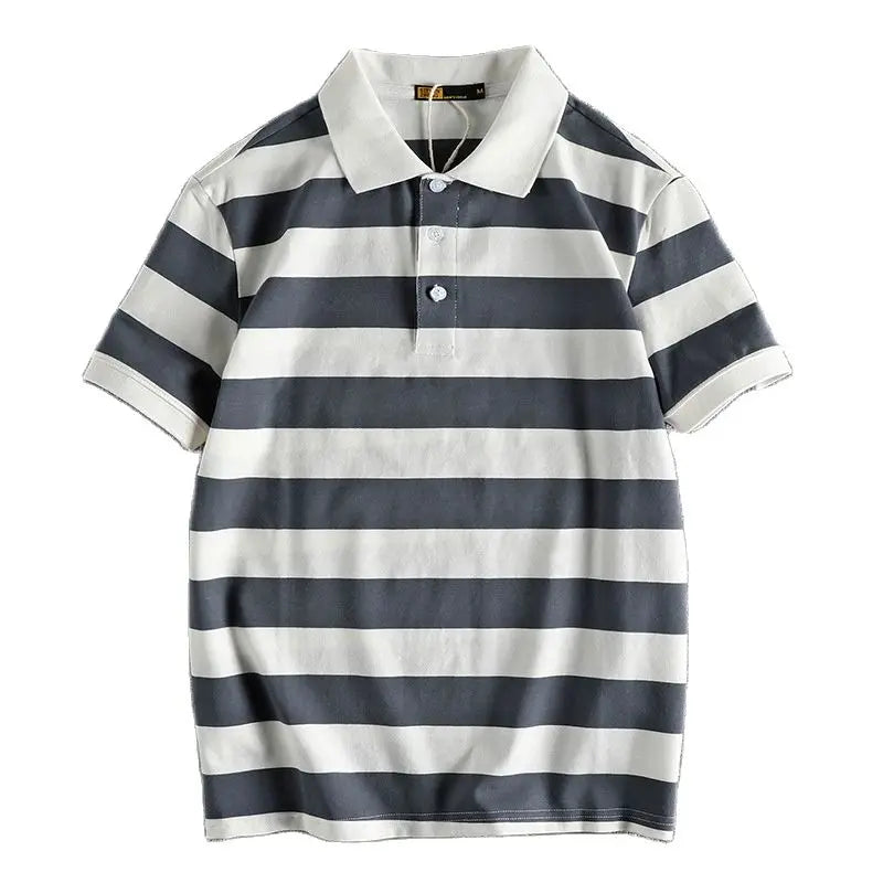 Trapwear Graphic tee – Summer Striped Polo T Shirt Mens New Retro Trend Washed Elas