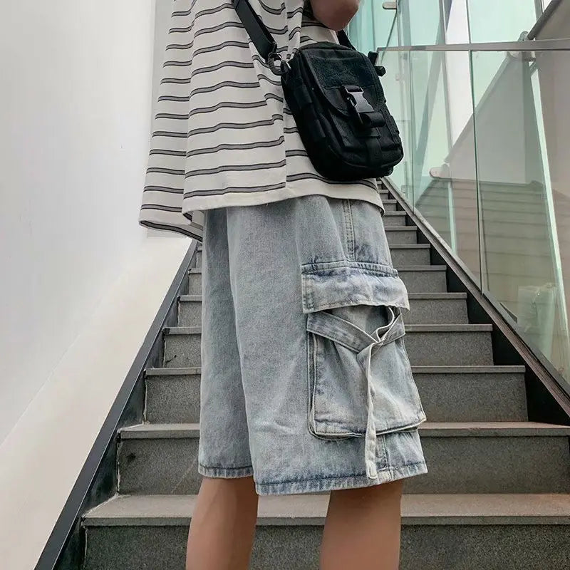 2023 spring new fashion denim shorts mens korean version of the trousers loose straight shorts boutique clothing simple style unique jeans style 4117