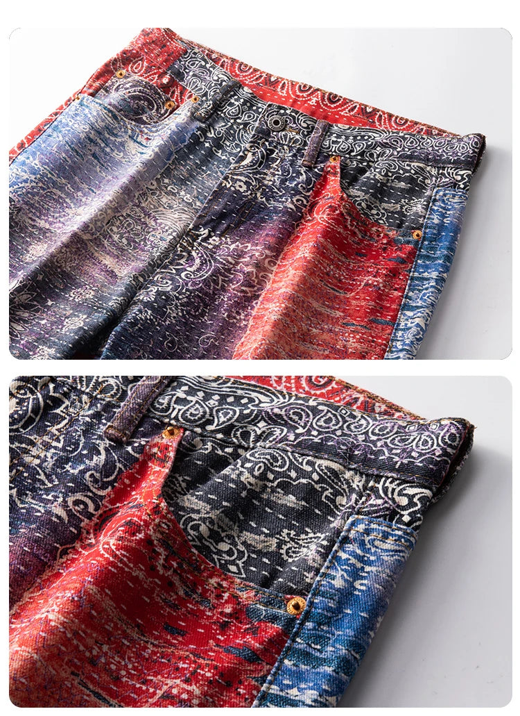 hip hop paisley printed denim jeans mens new casual zipper straight jeans streetwear high street loose pants baggy jeans joggers unique joggers style 2408