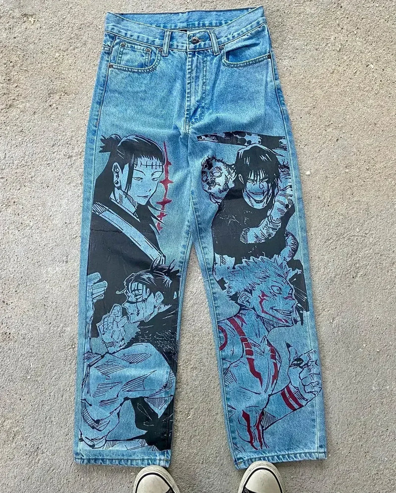harajuku popular anime kokushibo print baggy jeans new style wide leg trouser y2k streetwear for men women high waist pants unique jeans style 4268