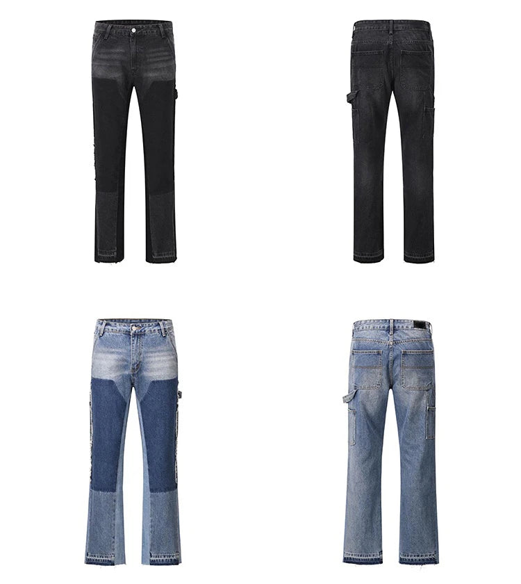 patchwork design denim flare jeans pants men casual zipper straight biker trousers jeans fashion streetwear hip hop jean joggers unique joggers style 2614