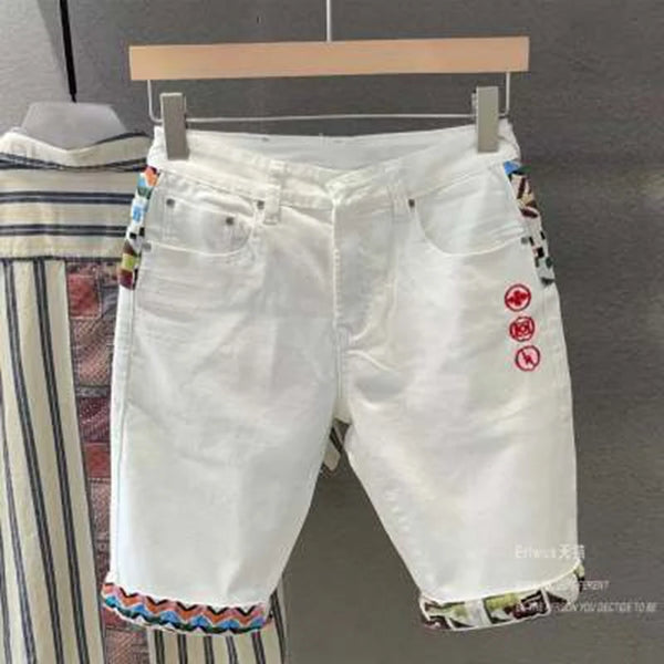 Summer New Denim Shorts Men's Stitching Embroidery Ripped Knee-length Shorts White 2024 Korean Fashion High Quality Jeans