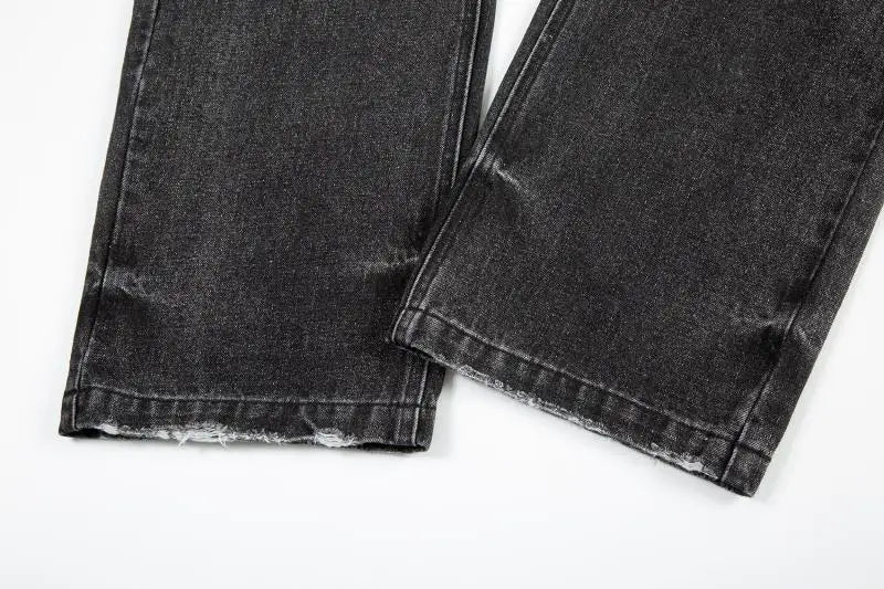 high street black washed straight jeans lowrise hip hop ripped jeans pants for men baggy vintage fashion wide denim pants women unique jeans style 5372