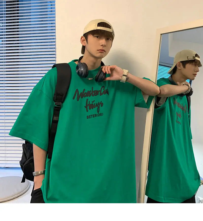 Korean style new Hong Kong style trendy letter printed short-sleeved trend loose and versatile casual couple half-sleeved top