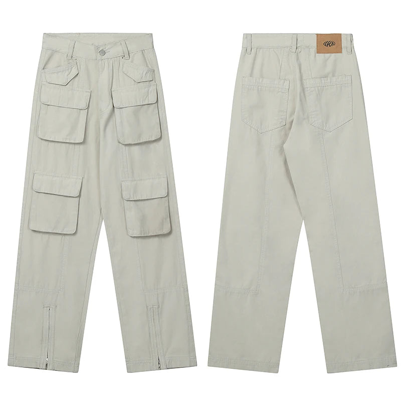 mens loose streetwear cargo straight pants high street casual bottom zipper multi pocket trousers hip hop safari style joggers unique joggers style 3300