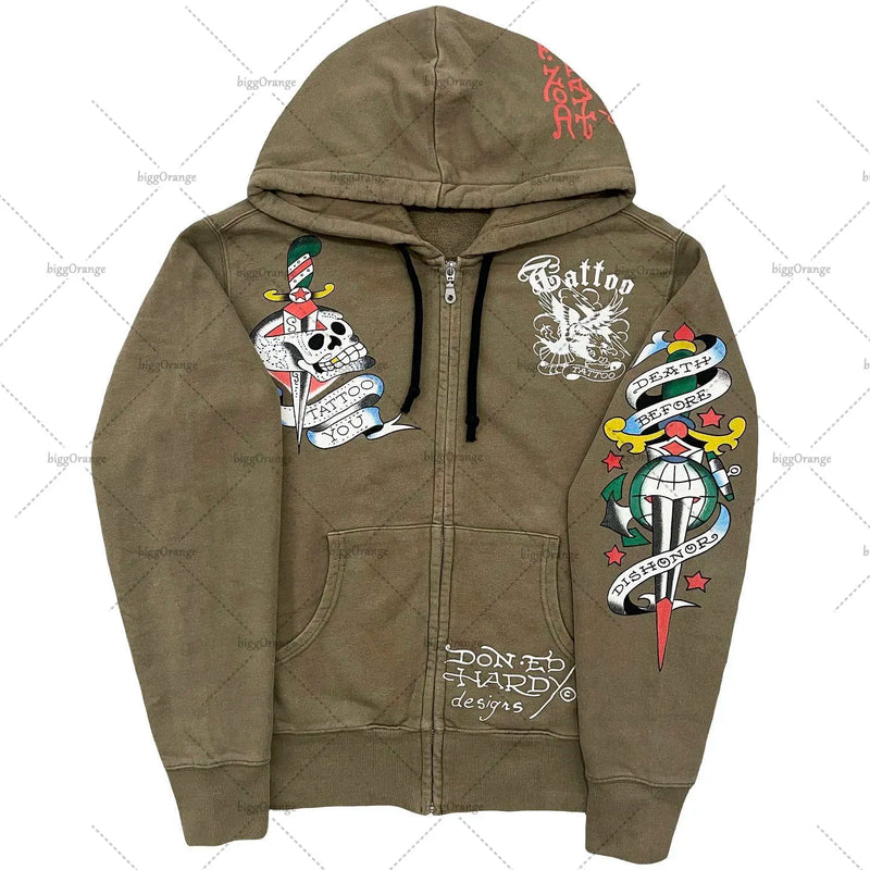 American Fashion Trend Pattern Print Zipper Hoodie Women Y2K New Stree
