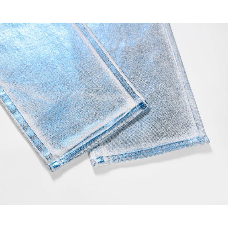 european and american retro blue reflective wax printing jeans pants slim splashing ink cleanfit couple straight leg jeans male ripped baggy denim