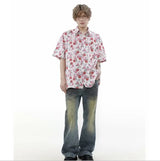 summer harajuku set mens flower print casual short sleeved top gradient straight leg jeans 2 pcs set high street trendy suit unique jeans style 4781