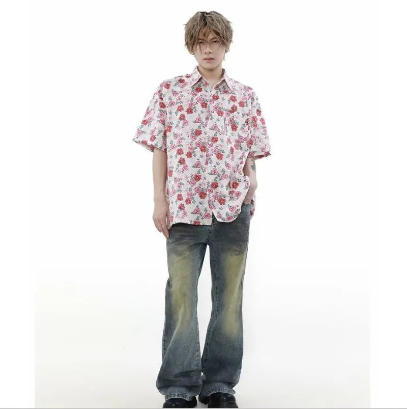 summer harajuku set mens flower print casual short sleeved top gradient straight leg jeans 2 pcs set high street trendy suit unique jeans style 4781