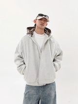 American Hoodie Mens Detachable Hat Grid Pattern Color Block Loose Fak
