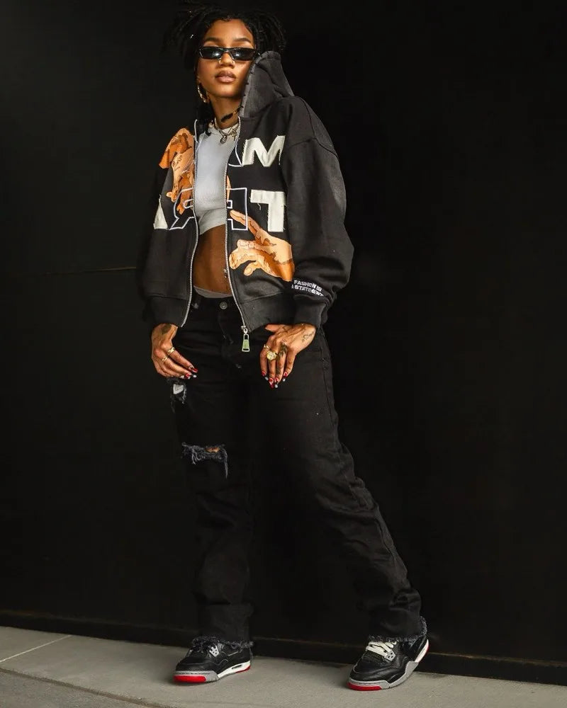 2024 American Trendy Brand Fashion Letter Palm Print Oversized Hoodie