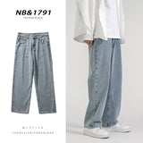korean fashion mens baggy jeans classic all match solid color straight leg denim wide leg pants male light blue grey black unique jeans style 1154