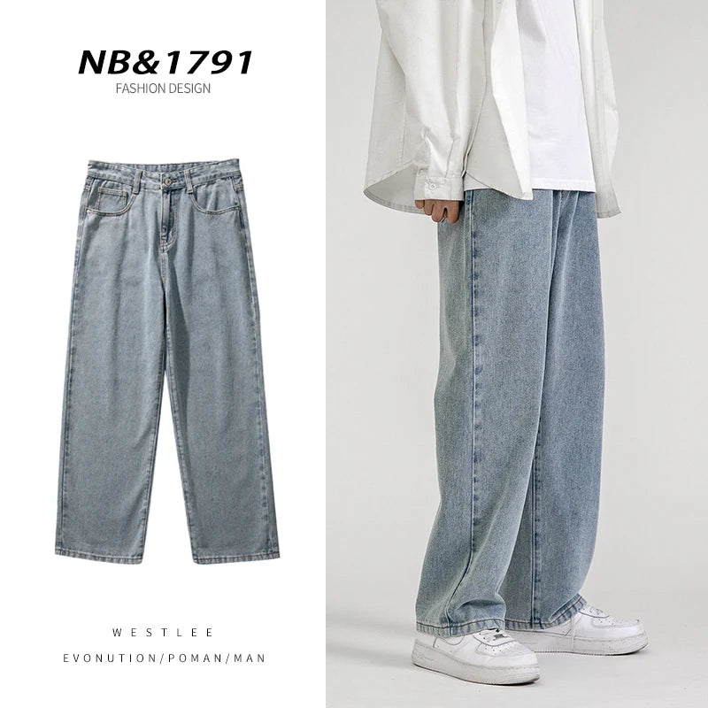 korean fashion mens baggy jeans classic all match solid color straight leg denim wide leg pants male light blue grey black unique jeans style 1154