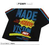 Skatercore Graphic tee – American Colored Striped Graffiti Letter Splicing Short Slee
