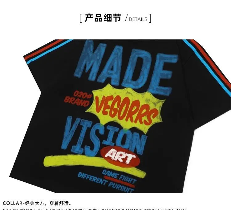 Skatercore Graphic tee – American Colored Striped Graffiti Letter Splicing Short Slee