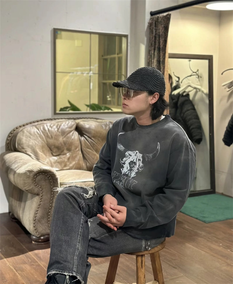 Vintage FW24 Devil print pattern High-Street Cotton Quality round neck pullover long sleeved sweatshirt