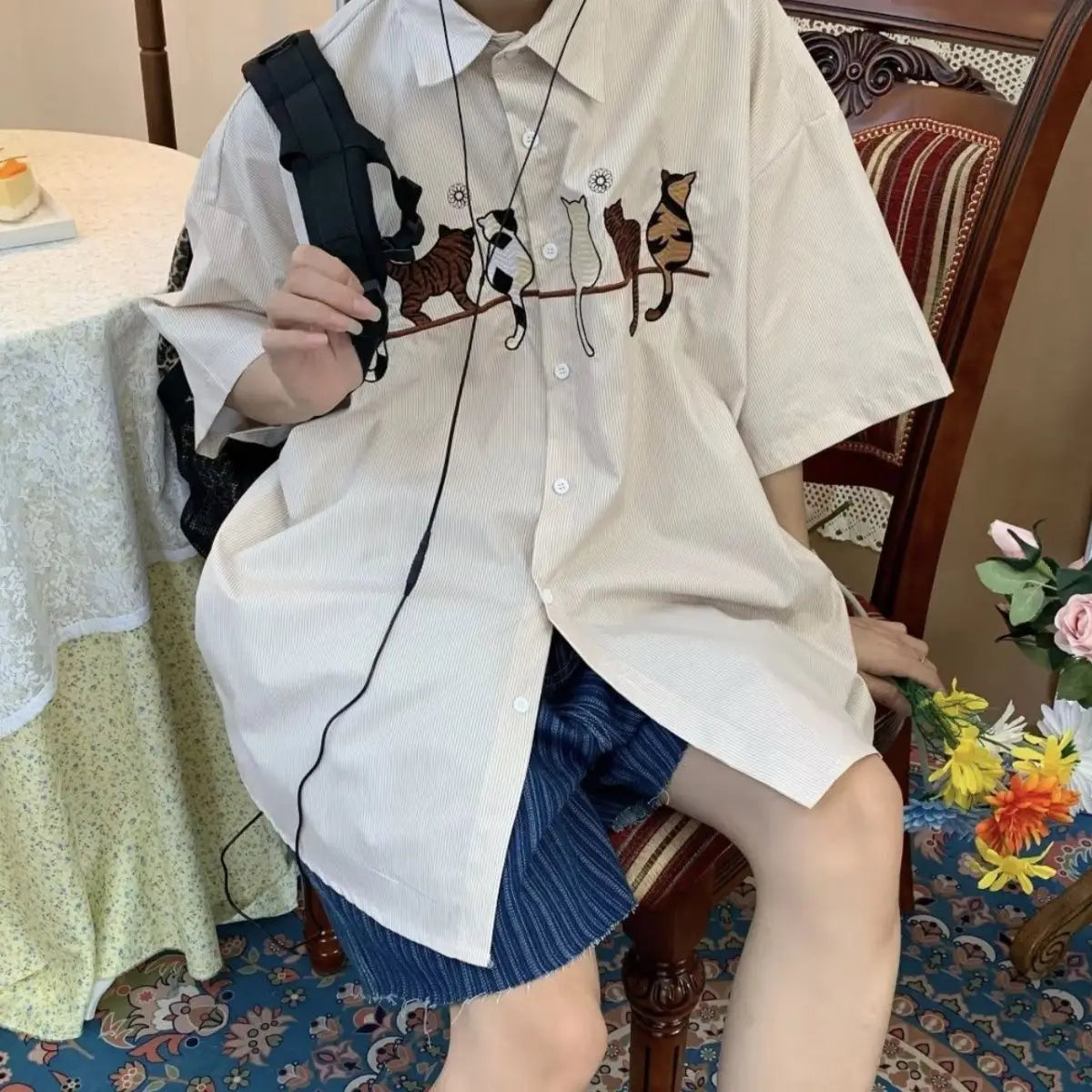 Japanese pinstripe cat pattern shirts for men and women summer trendy brand retro Hong Kong style loose