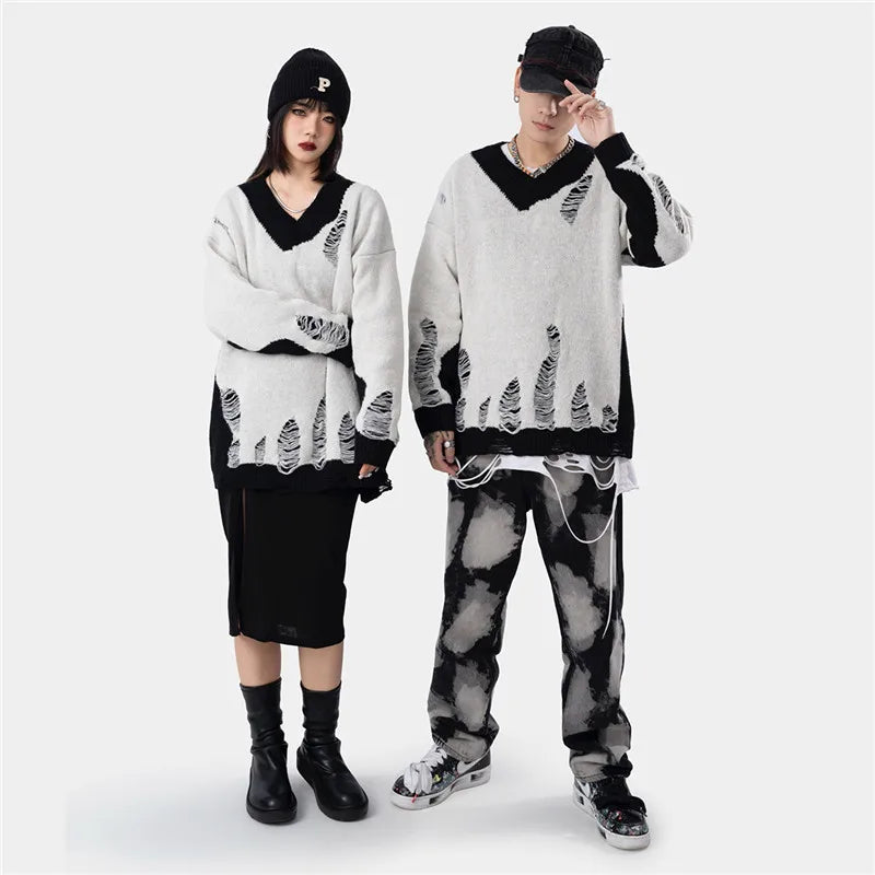 hip hop streetwear knitted sweater sweater 2022 mens harajuku ripped holes new casual v neck tops cotton loose pullover sweaters - urban fashion pullover, Y2K grunge street style, graphic printed hoodie for men and women