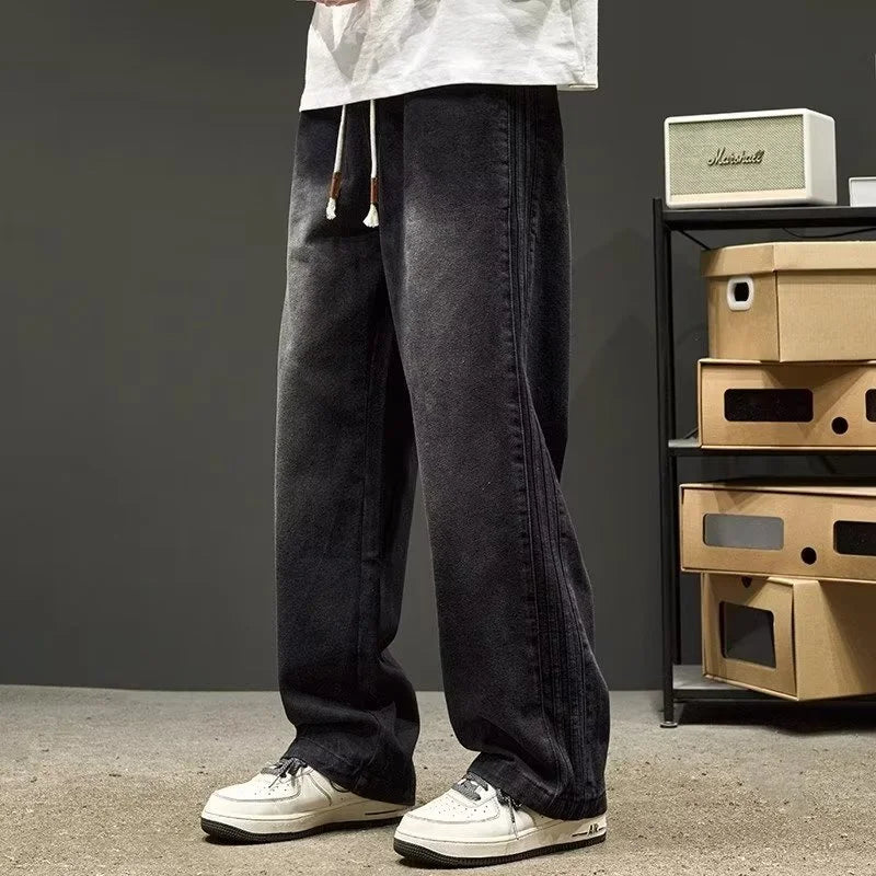 elastic waist baggy jeans for men side striped wide leg denim pants korean fashion casual trousers y2k vintage jean hombre unique jeans style 3240