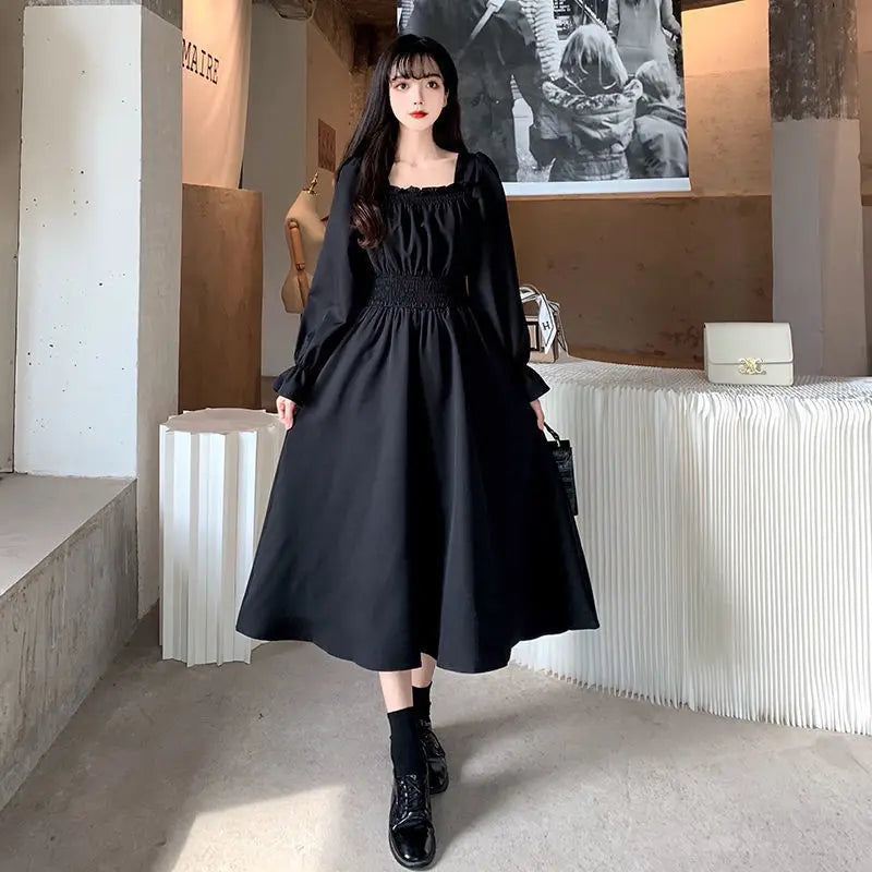 Black Elegant Dress Women Vintage Long Sleeve Spring Autumn Dresses Square Collar Oversize Loose Casual Robe Streetwear