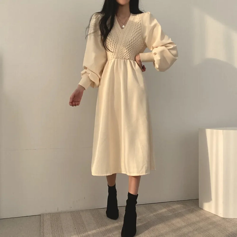 Winter Dress Long Elegant Splicing Stripes Y2k Knitted Dress Women Koean Fashion Long Sleeve Dresses Female Club Party Vestidos