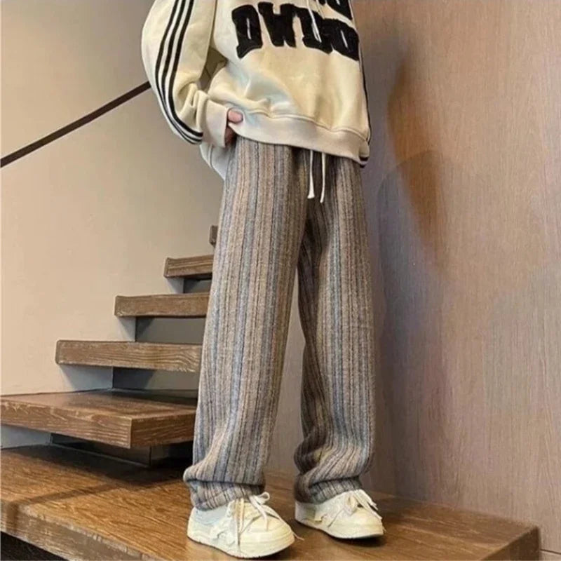 autumn striped woolen straight leg pants for men classic y2k vintage baggy trousers new casual high street fashion sweatpants sporty tapered joggers