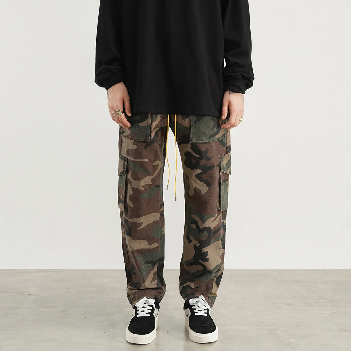 camouflage cargo pants men vintage side multi pocket button mens camou straight trousers streetwear military overalls for male utility cargo pants