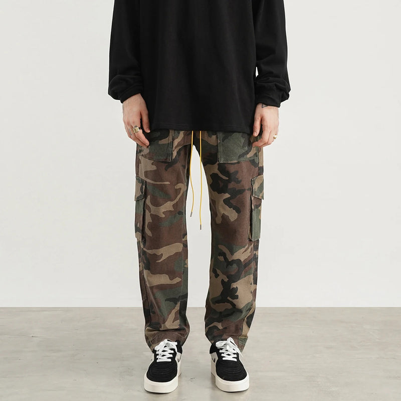 camouflage cargo pants men vintage side multi pocket button mens camou straight trousers streetwear military overalls for male utility cargo pants