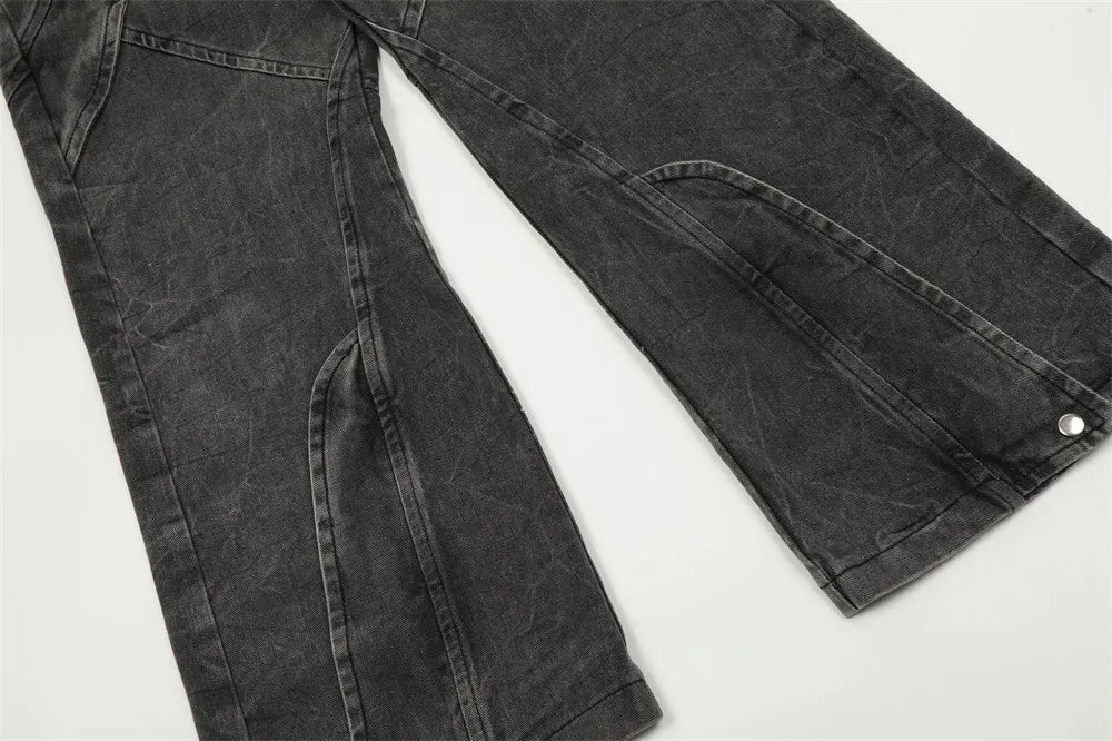american high street vibe fashion splice jeans mens belt loose casual vintage wide leg straight denim baggy jeans pants trouser unique jeans style 1455