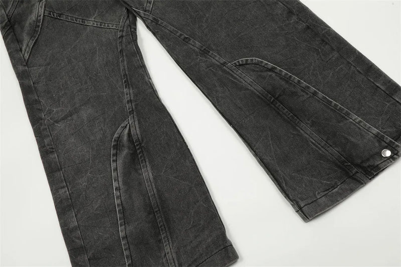 american high street vibe fashion splice jeans mens belt loose casual vintage wide leg straight denim baggy jeans pants trouser unique jeans style 1455