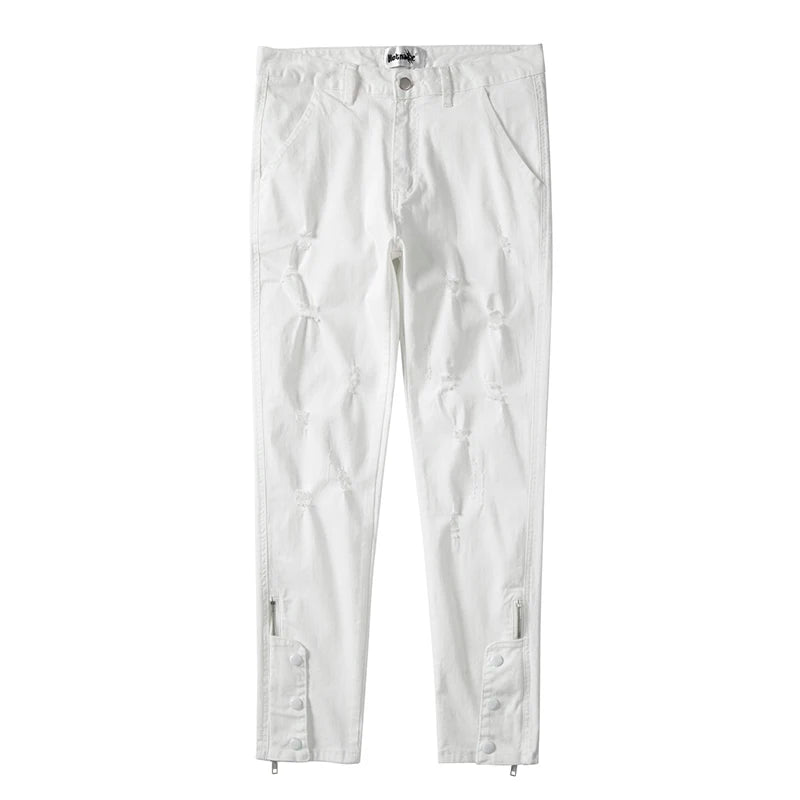 mens hole ripped white ankle zipper button jeans pants straight pockets solid color high street retro loose denim trousers vintage washed jeans