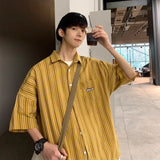 Y2K Street Button Up Shirt – 2024 Summer Mens Vintage Striped Shirts Letter Print Short Sleeve Casual T Shirt Clothing Y2K Streetwear Loose Social Camisas | Button Shirt Drop #831