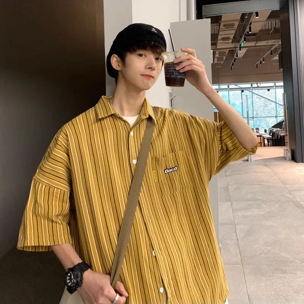 Y2K Street Button Up Shirt – 2024 Summer Mens Vintage Striped Shirts Letter Print Short Sleeve Casual T Shirt Clothing Y2K Streetwear Loose Social Camisas | Button Shirt Drop #831