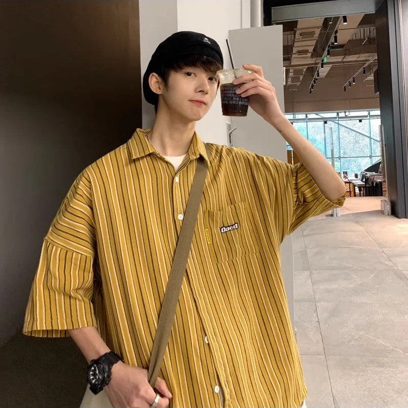 Y2K Street Button Up Shirt – 2024 Summer Mens Vintage Striped Shirts Letter Print Short Sleeve Casual T Shirt Clothing Y2K Streetwear Loose Social Camisas | Button Shirt Drop #831