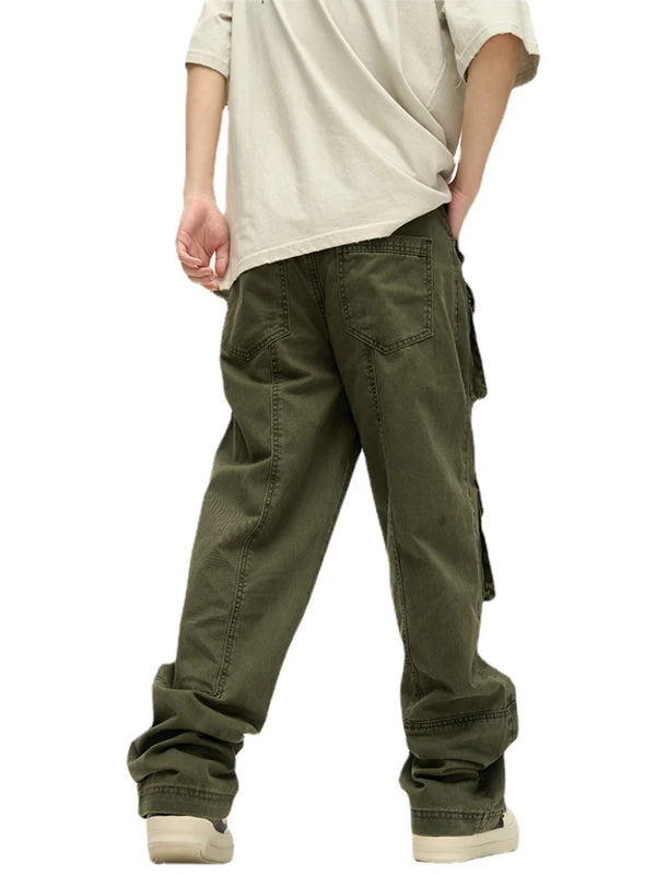 mens loose streetwear cargo straight pants high street casual bottom zipper multi pocket trousers hip hop safari style joggers sporty tapered joggers