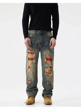 men broken hole patch loose casual plus size straight ripped denim pants jeans man streetwear fashion baggy jeans trousers unique jeans style 3162
