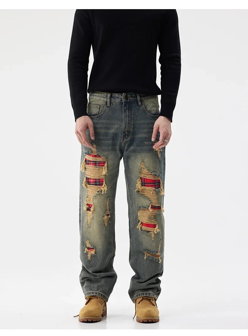men broken hole patch loose casual plus size straight ripped denim pants jeans man streetwear fashion baggy jeans trousers unique jeans style 3162