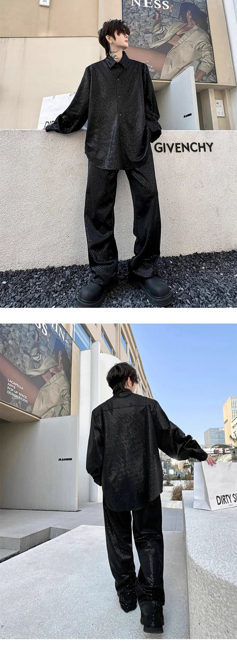 mens sequin 2 piece sets loose casual long sleeve shirt pant stage fashion party show clothing dress shirts trousers costumes unique default style 2883