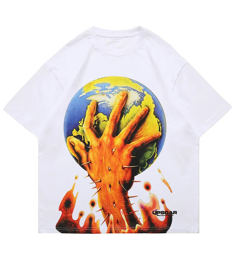 Harajuku Oversized Shirt – Aolamegs Men Horror Hand Earth Printed T Shirt Summer Gothic – Modern Streetwear for Everyone
