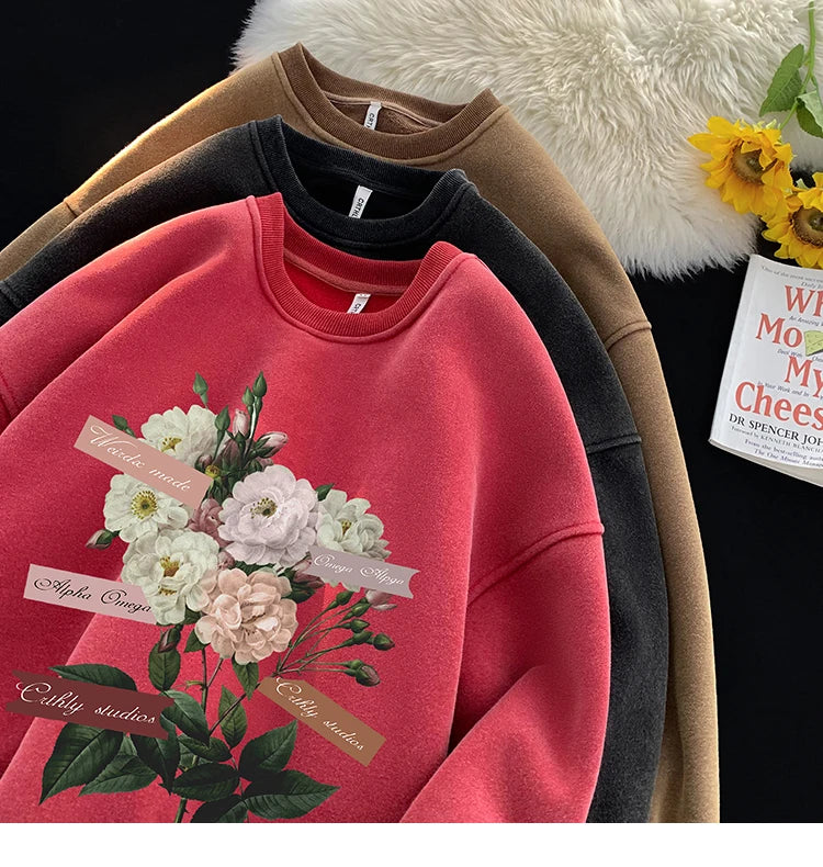 Vintage Floral Graphic Men Sweatshirt Spring Autumn Gothic Round Neck Pullover Hip Hop Streetwear Y2k Sweatshirts