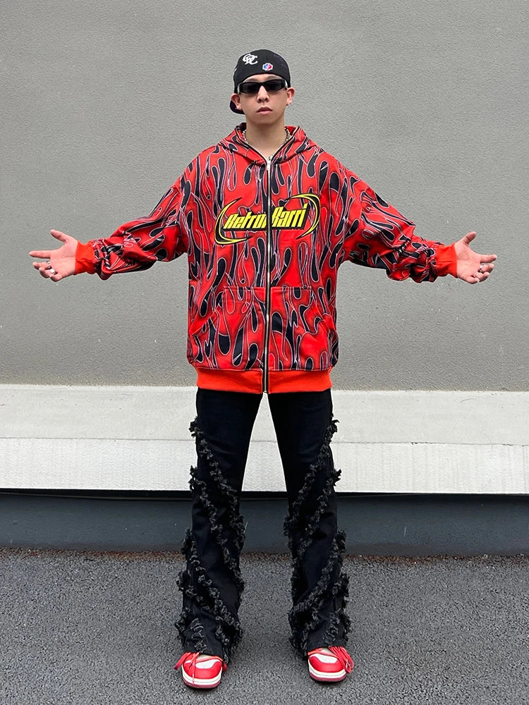 trapwear tribal flames featuring mens harajuku fire printed hoodies unisex hip hop y2k full zipper sweatshirt streetwear casual hooded warm loose tops hoodies